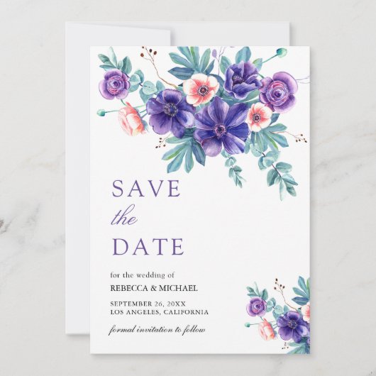 Rustieke Paarse Anemonen Bouquet Wedding Save The Date (Voorkant)