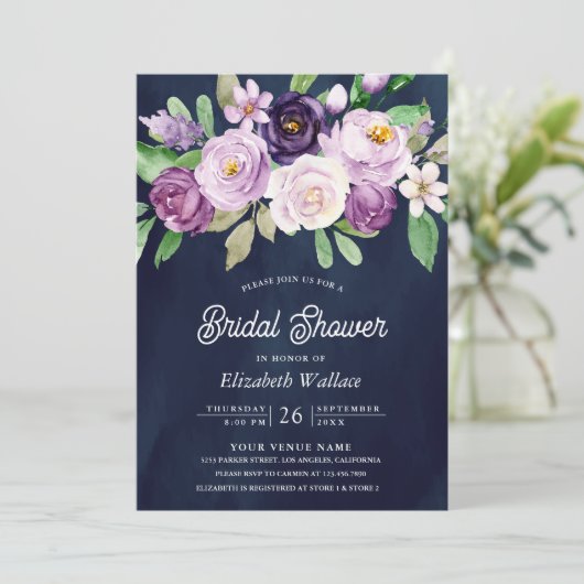 Rustieke Paarse Bloemen Foto Navy Blue Vrijgezelle Kaart (Staand voorkant)