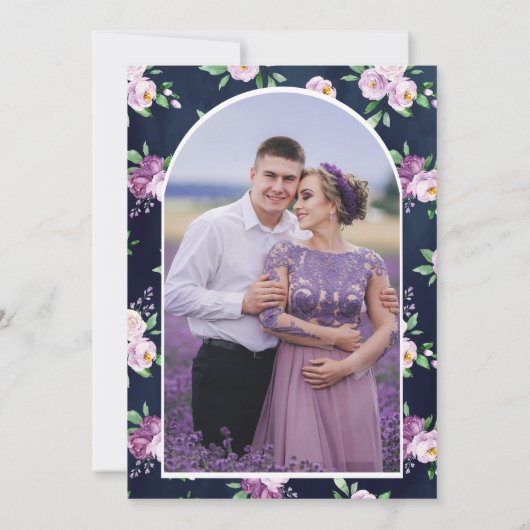 Rustieke Paarse Bloemen Foto Navy Blue Vrijgezelle Kaart (Achterkant)