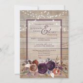 Rustieke Paarse Bloemen Hout String Light Wedding Kaart (Voorkant)