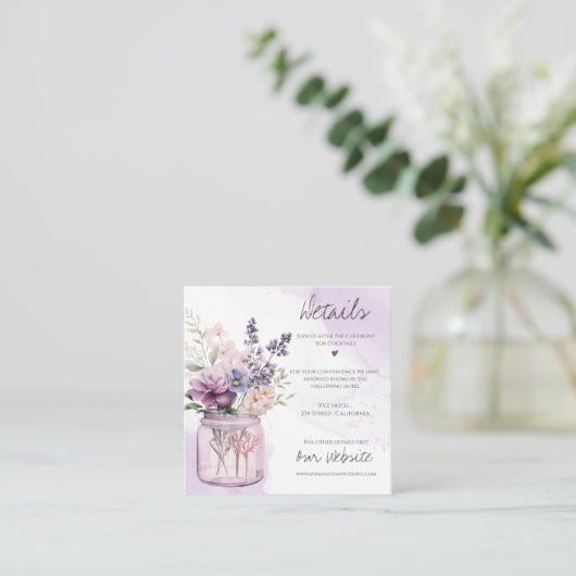Rustieke paarse bloemen in Mason Jar bruiloft deta Informatiekaartje (Staand voorkant)