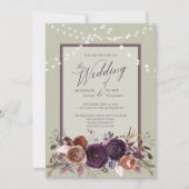 Rustieke Paarse Bloemen String Licht Groen Huwelij Kaart (Voorkant)
