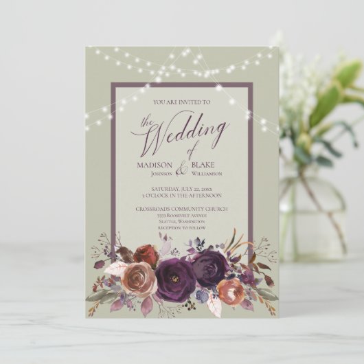 Rustieke Paarse Bloemen String Licht Groen Huwelij Kaart (Staand voorkant)