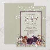 Rustieke Paarse Bloemen String Licht Groen Huwelij Kaart (Voorkant / Achterkant)