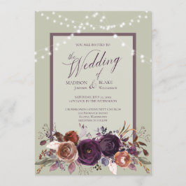 Rustieke Paarse Bloemen String Licht Groen Huwelij Kaart