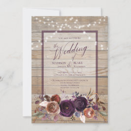 Rustieke Paarse Bloemen String Light Script Weddin Kaart