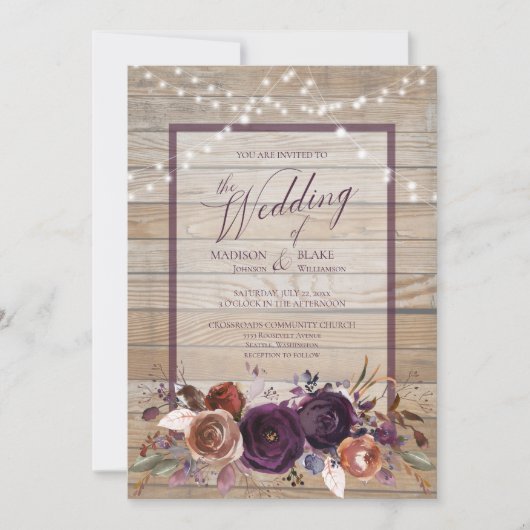 Rustieke Paarse Bloemen String Light Script Weddin Kaart (Voorkant)