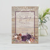 Rustieke Paarse Bloemen String Light Script Weddin Kaart (Staand voorkant)