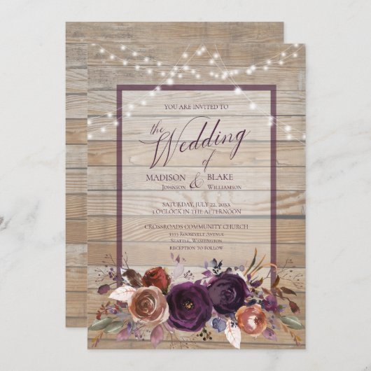 Rustieke Paarse Bloemen String Light Script Weddin Kaart (Voorkant / Achterkant)