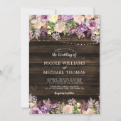 Rustieke Paarse Bloemen String Lights Bruiloft Kaart (Voorkant)