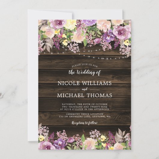 Rustieke Paarse Bloemen String Lights Bruiloft Kaart (Voorkant)