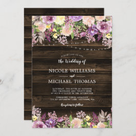 Rustieke Paarse Bloemen String Lights Bruiloft Kaart