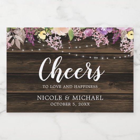 Rustieke Paarse Bloemen String Lights Bruiloft Min Sparkling Wijnetiket (Enkel label)