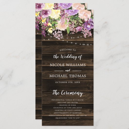 Rustieke Paarse Bloemen String Lights Bruiloft Programmakaart (Voorkant / Achterkant)