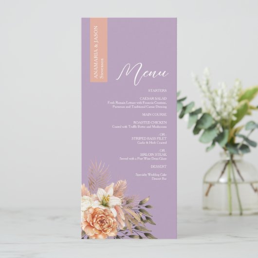 Rustieke Paarse Bloemen Trouwmenu met Naam Menu (Staand voorkant)