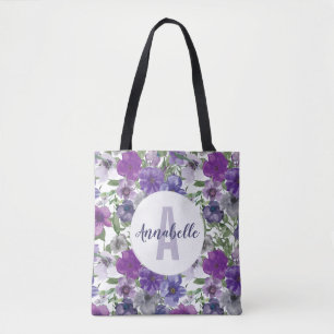 Rustieke  Paarse Bloemen Waterverf Monogram Tote Bag