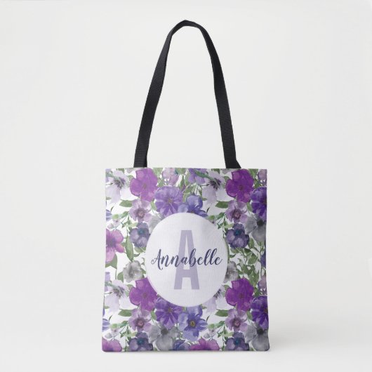 Rustieke  Paarse Bloemen Waterverf Monogram Tote Bag (Voorkant)
