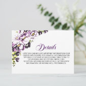 Rustieke Paarse bloemenbruiloft Details Informatiekaartje (Staand voorkant)