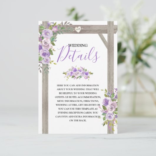 Rustieke Paarse bloemenbruiloft Details Informatiekaartje (Staand voorkant)