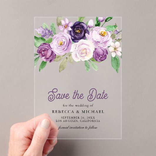 Rustieke Paarse bloemenbruiloft Save the Date Acryl Uitnodigingen (Insitu (Draagbaar))