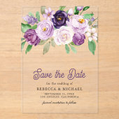 Rustieke Paarse bloemenbruiloft Save the Date Acryl Uitnodigingen (Voorkant)