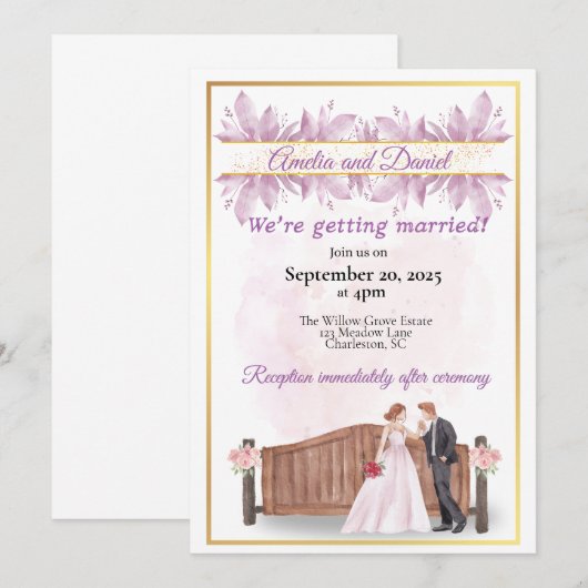 Rustieke Paarse bloemenbruiloft uitnodiging (Voorkant / Achterkant)