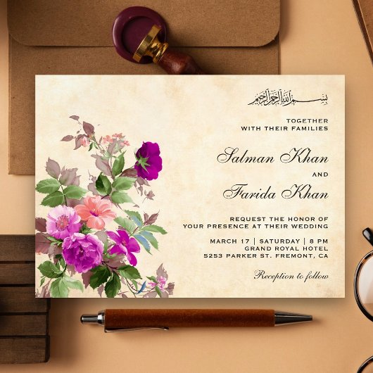  rustieke Paarse bloemenislamitische bruiloft Kaart