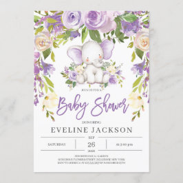 Rustieke paarse bloemenmeisje olifant baby shower kaart
