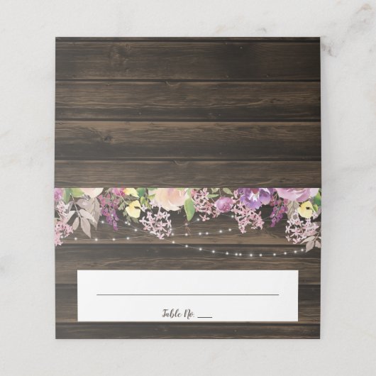 Rustieke Paarse bloemenstring lampjes bruiloft gev Plaatskaartje (Buitenkant ongevouwen)