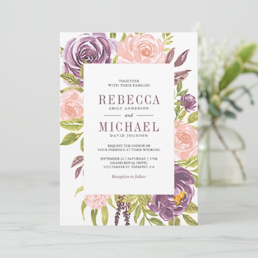 Rustieke Paarse Blush Roze Bloemen Alles in Een Hu Kaart (Staand voorkant)