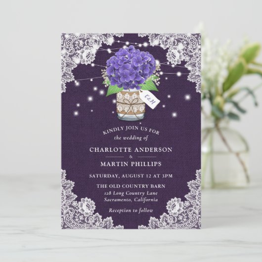 Rustieke Paarse Burlap Kant Hydrangea bruiloft Kaart (Staand voorkant)