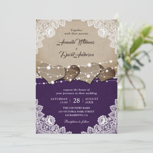 Rustieke Paarse Burlap Lace bruiloft uitnodiging (Staand voorkant)