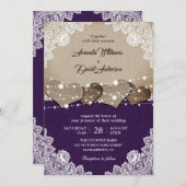 Rustieke Paarse Burlap Lace bruiloft uitnodiging (Voorkant / Achterkant)