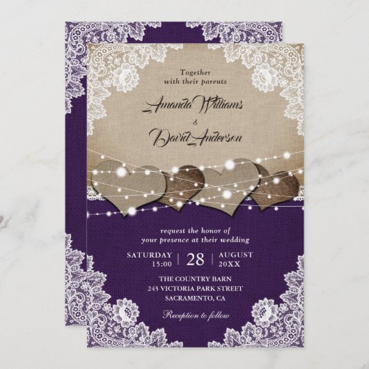 Rustieke Paarse Burlap Lace bruiloft uitnodiging (Voorkant / Achterkant)