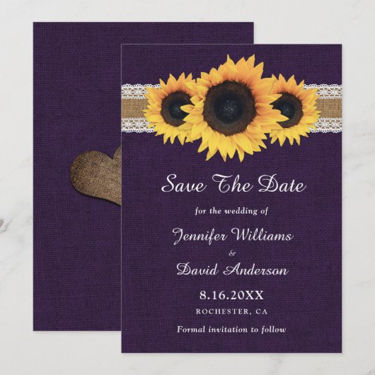 Rustieke Paarse Burlap Lace Lights Zonnebloem Brui Save The Date (Voorkant / Achterkant)