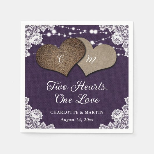 Rustieke Paarse Burlap Lace String Lights Bruiloft Servet (Voorkant)