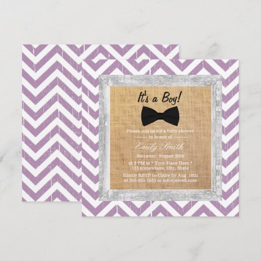 Rustieke Paarse Chevron Bow Stropdas Boy Baby show Kaart (Voorkant / Achterkant)