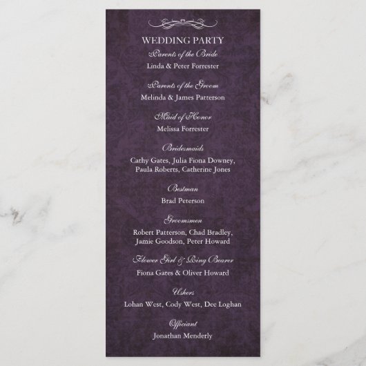 Rustieke  Paarse Damask Wedding Program Programmakaart (Achterkant)