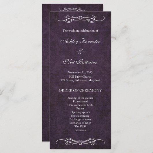 Rustieke  Paarse Damask Wedding Program Programmakaart (Voorkant / Achterkant)