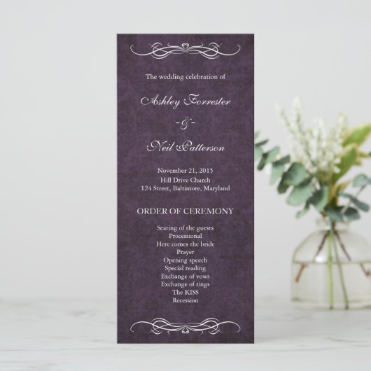 Rustieke  Paarse Damask Wedding Program Programmakaart (Staand voorkant)