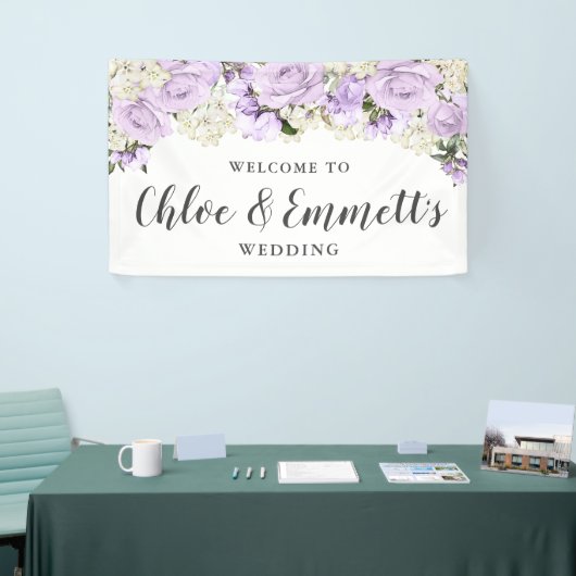 Rustieke Paarse en witte bloemenbruiloft Spandoek (Beurs)