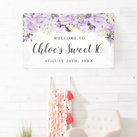 Rustieke Paarse en witte bloemenzoet 16 Party Spandoek (Insitu)
