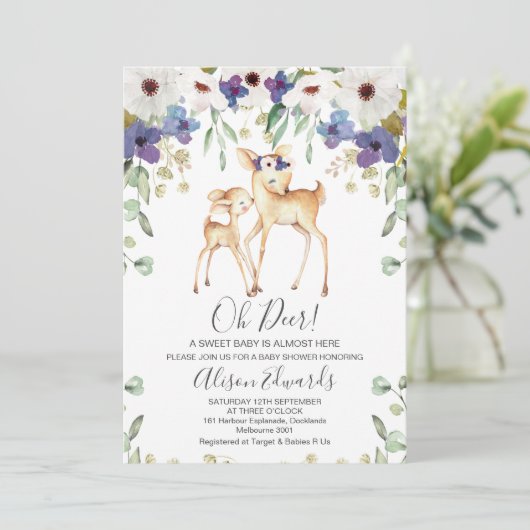 Rustieke Paarse Floral Deer Baby shower Uitnodigin Kaart (Staand voorkant)