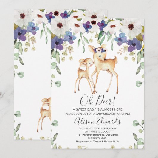 Rustieke Paarse Floral Deer Baby shower Uitnodigin Kaart (Voorkant / Achterkant)