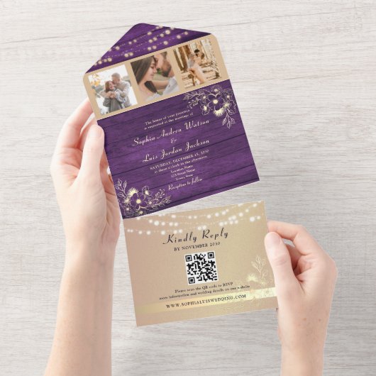 Rustieke Paarse Foto's Bruiloft QR Code All In One Uitnodiging (Afscheurbaar)