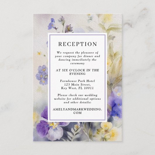 Rustieke Paarse & gele bloemen bruiloft receptie Informatiekaartje (Voorkant)