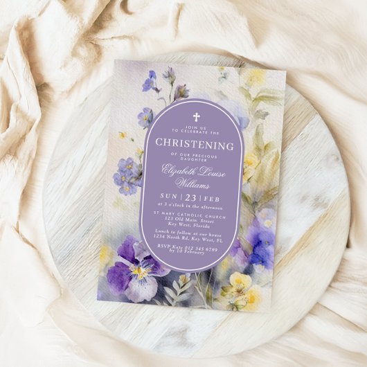 Rustieke Paarse & Gele Bloemen Doopsel Kaart