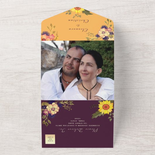 Rustieke Paarse Gele Bloemen Huwelijk All In One Uitnodiging (Buitenkant)