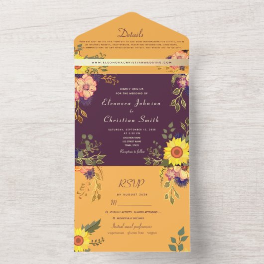 Rustieke Paarse Gele Bloemen Huwelijk All In One Uitnodiging (Binnen)