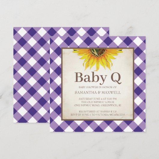 Rustieke Paarse Gingham Checker Baby shower Kaart (Voorkant / Achterkant)